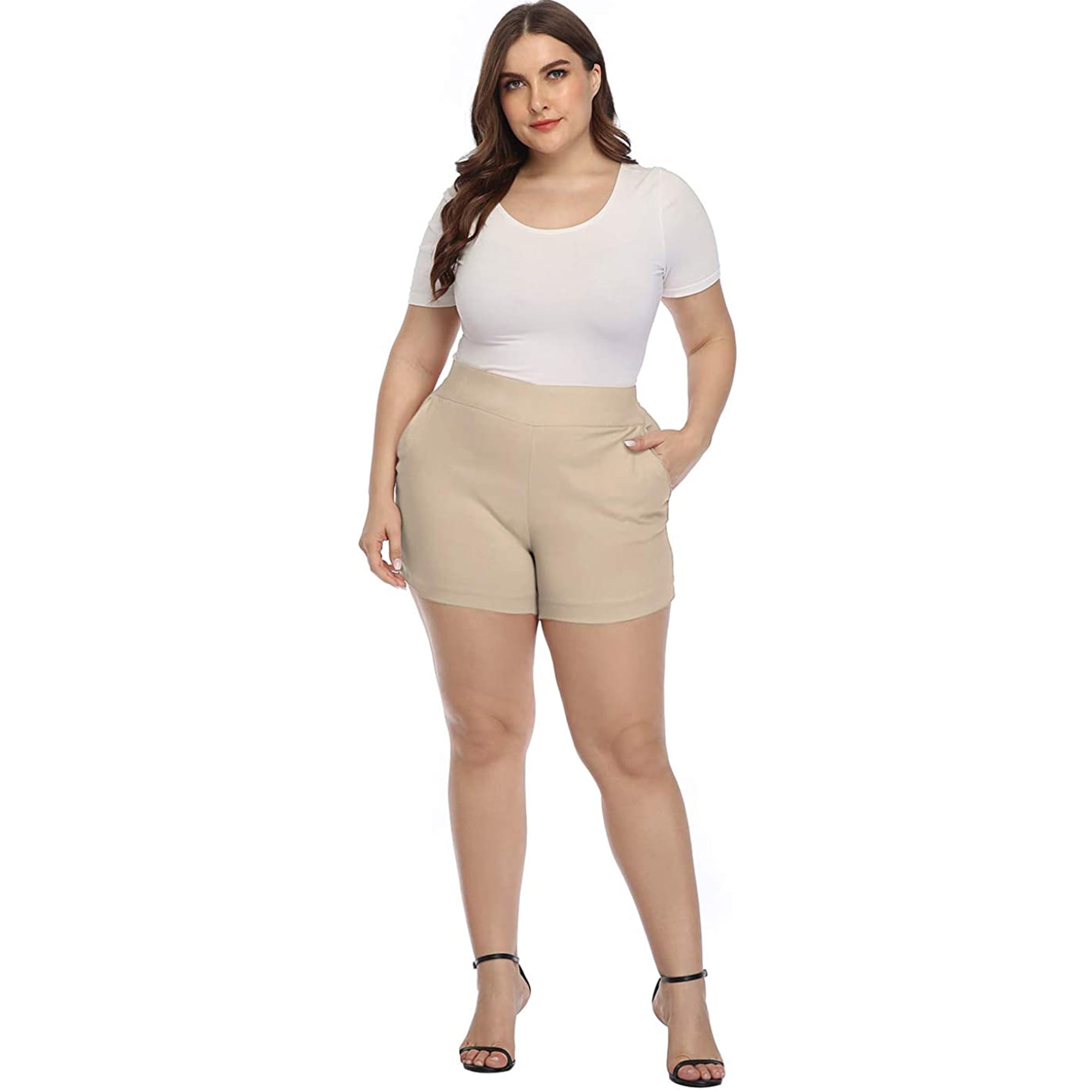 HDE Women Chino Shorts 4" Inseam Elastic Waist Summer Shorts Khaki XXL