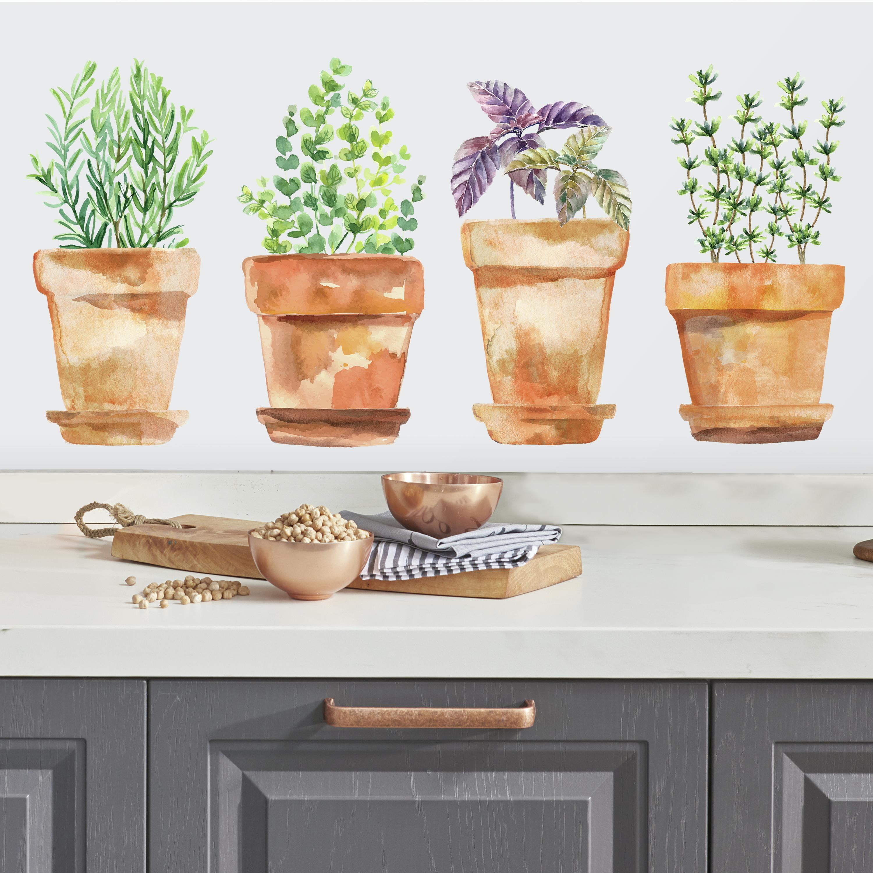 RoomMates Watercolor Potted Herbs Peel and Stick Wall Decals, Green and Brown, 8.5 inches x 16.9 ...
