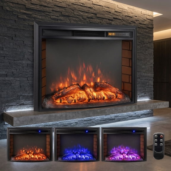 RUIE 26-Inch Curved Recessed Electric Fireplace Insert with Remote, Wall Fireplace Heater with Adjustable Flame for Living Room, Black