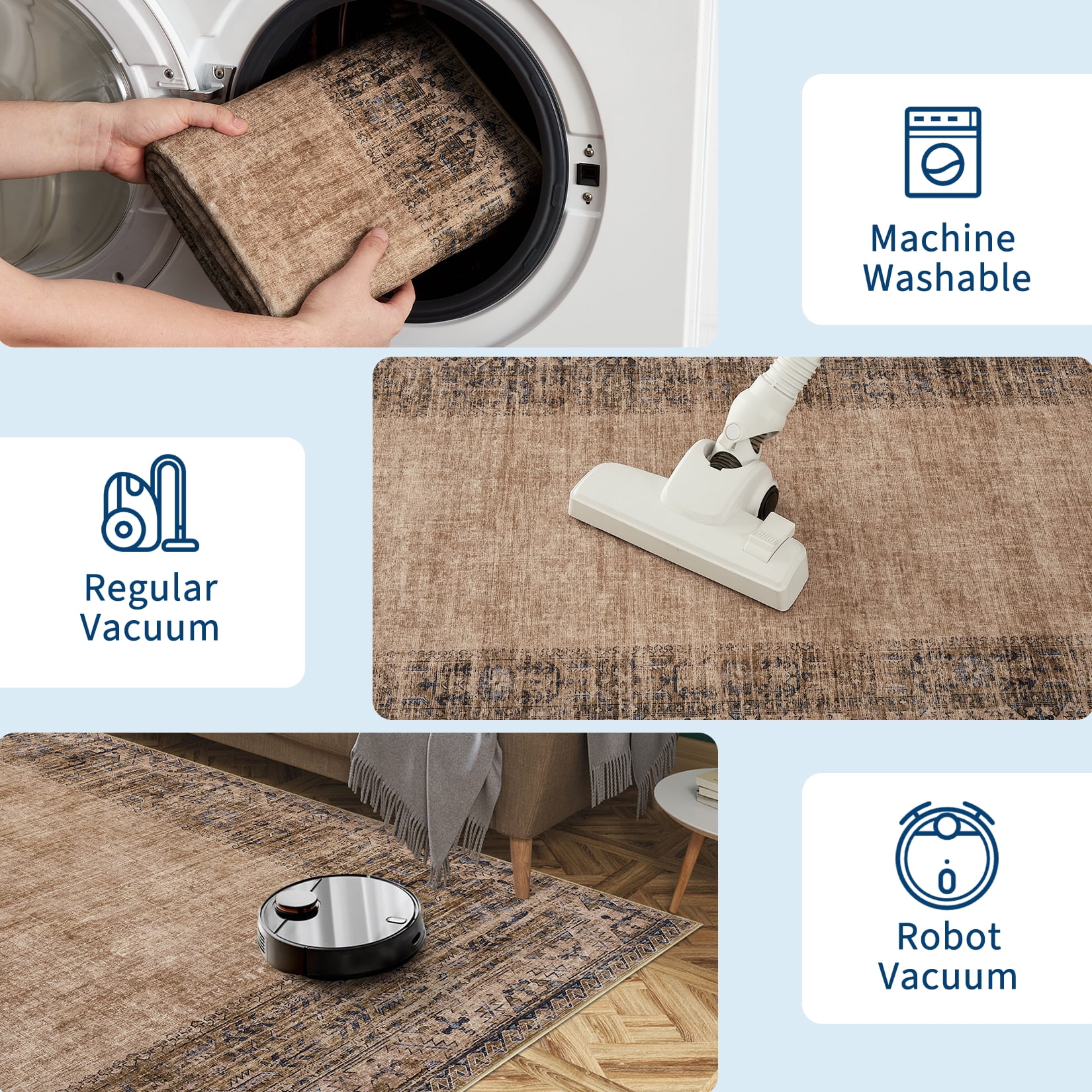 Hasoo Living Room Area Rug 5' x 7' Border Rug for Bedroom Stain-Resistant Washable Indoor Carpet, Brown