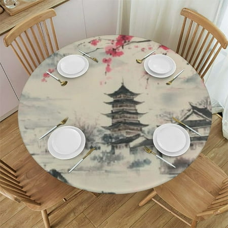 

Autua Flowers Pagoda Chinese Landscape Round Tablecloth Stain-Resistant Washable for Indoor Outdoor Restaurants Weddings Parties Camping Kitchen Dining Full Width Single-Sided Printing 46 -50