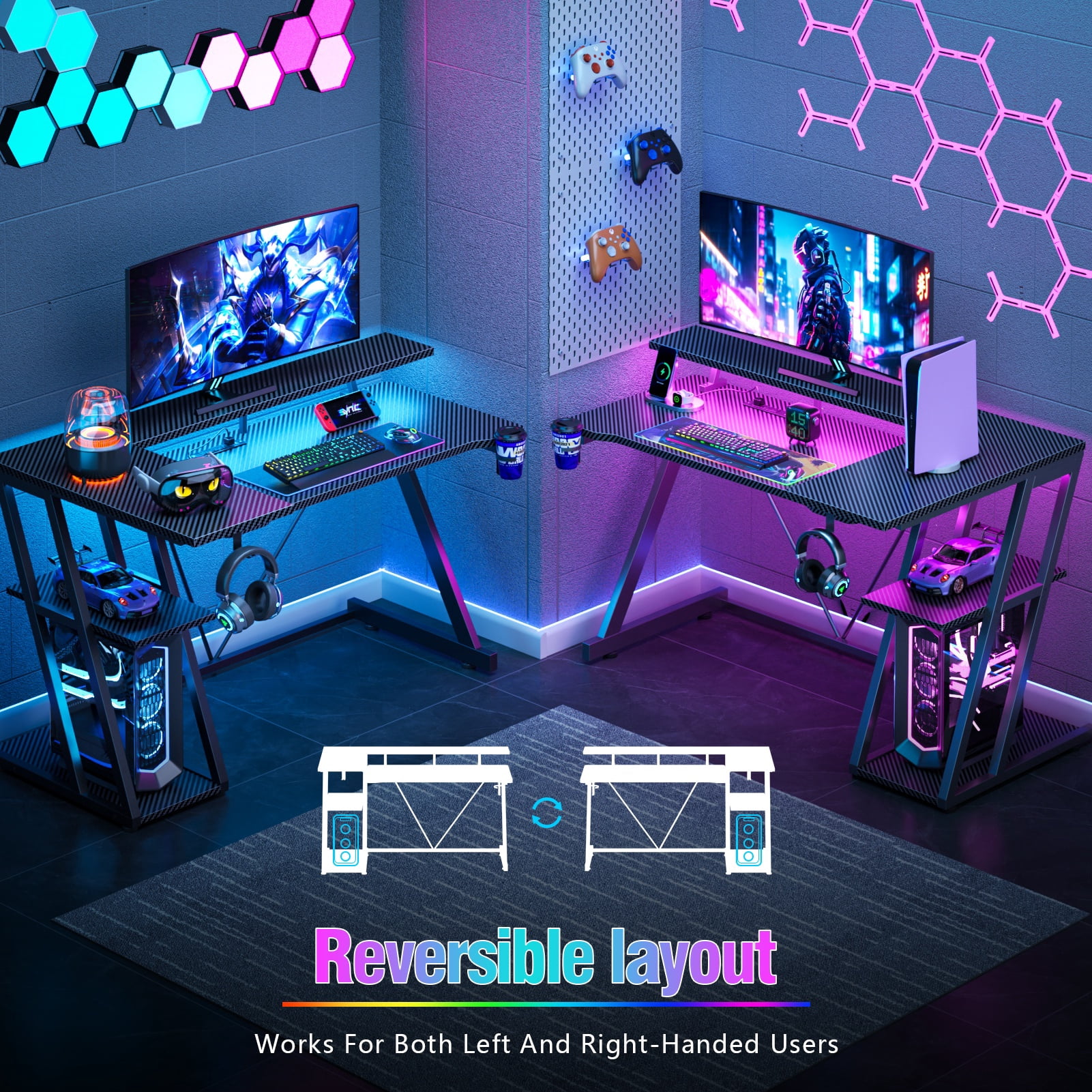 Dwezzo 39" Black Pro L-Shaped Gaming Desk, Home Furniture Gaming Station