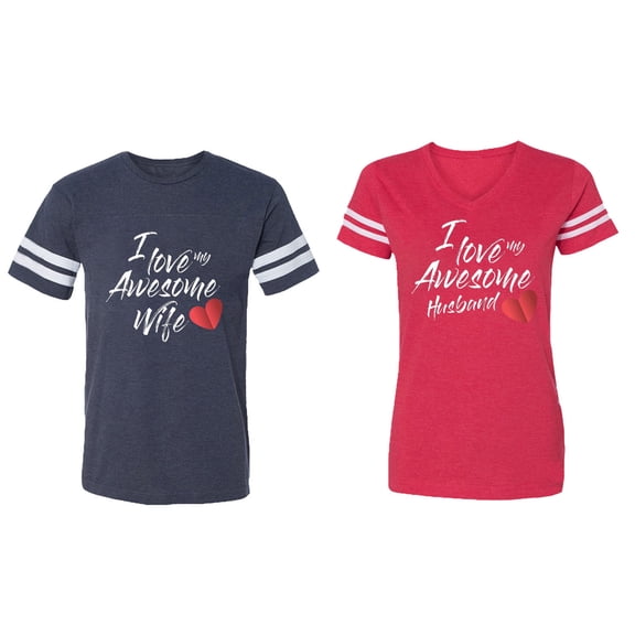 I Love My Awesome Husband Wife Matching Couple Cotton Jerseys (Men Navy / Women Red) (Men L / Women XL)