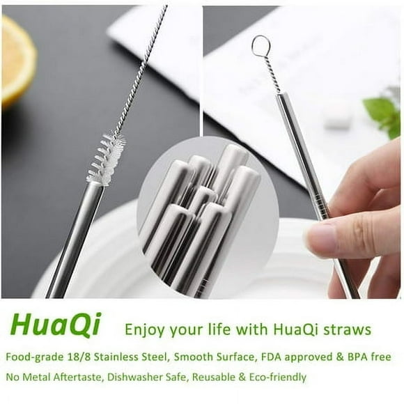 HuaQi Stainless Steel Metal Straws with Silicone Tips Set of 10 Straight Reusable Drinking Straws for Yeti 20oz 30oz Tumblers (10.5'' L 0.24''Dia Straws+ 2 Brushes)