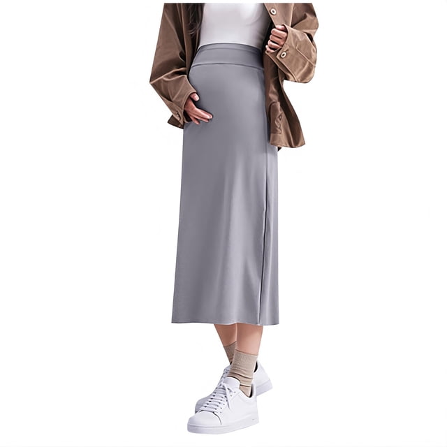 RXMEKW Jupe Midi Extensible Taille Haute pour Femmes Robe Maxi de Maternité avec Drapé Intégral en Couleurs Unies