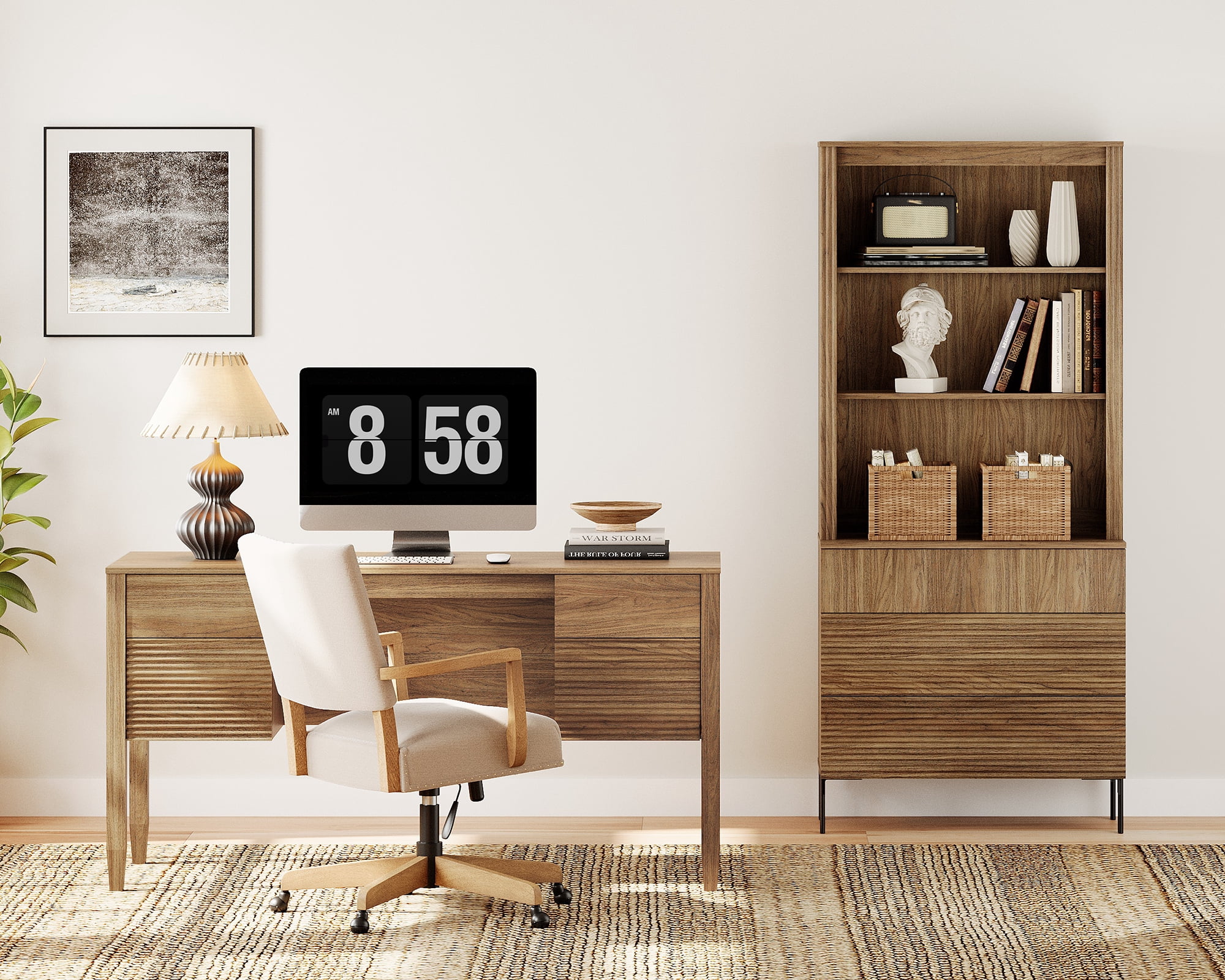 WAMPAT 2 Piece Home Office Furniture Set, 58" Writing Desk with 71.5" T Bookcase, Bookcase with 3 Drawers, Adjustable Shelves, Modern Fluted Wood Office Furniture for Home Office, Study Room, Bedroom