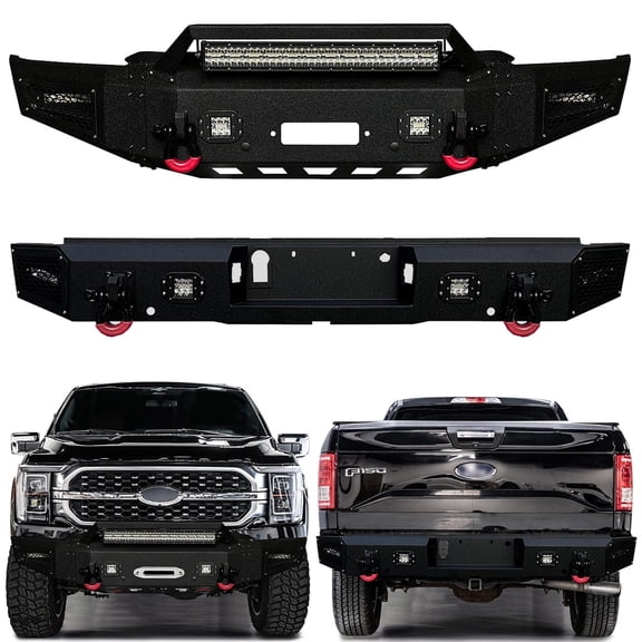 Vijay Compatible with 2021-2022-2023 Ford F150 Front and Rear Bumper Textured Black Steel with Lights and D-rings