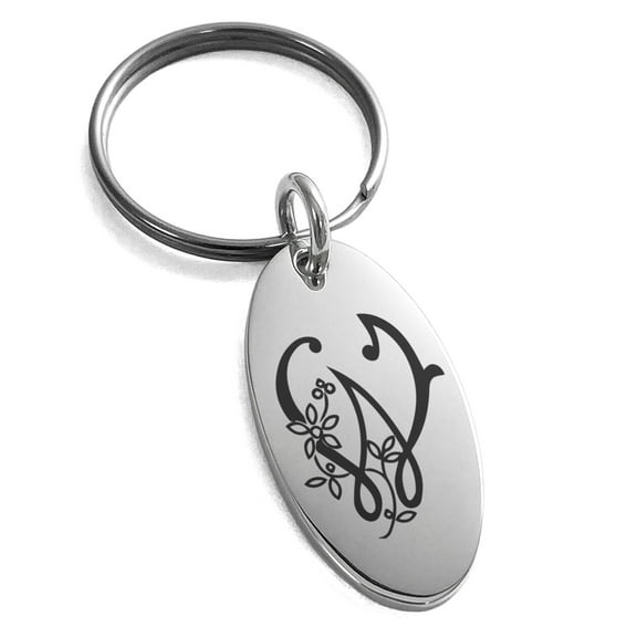 Stainless Steel Letter W Initial Floral Monogram Engraved Small Oval Charm Keychain Keyring