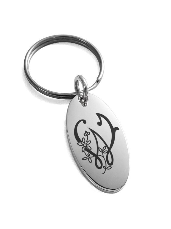 Stainless Steel Letter W Initial Floral Monogram Engraved Small Oval Charm Keychain Keyring