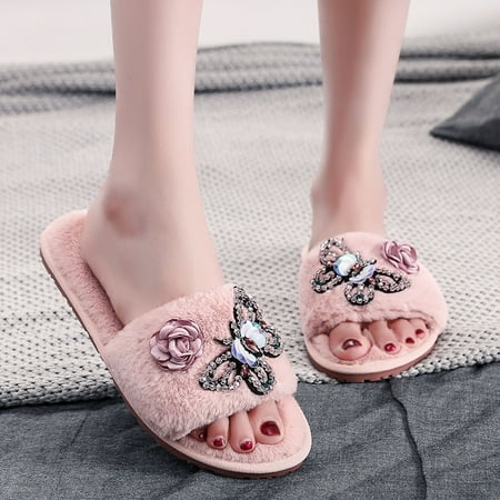 

YTJX Women Home Slip-On Furry Flat Home Plush Butterfly Flowers Open Toe Keep Warm Slippers Shoes