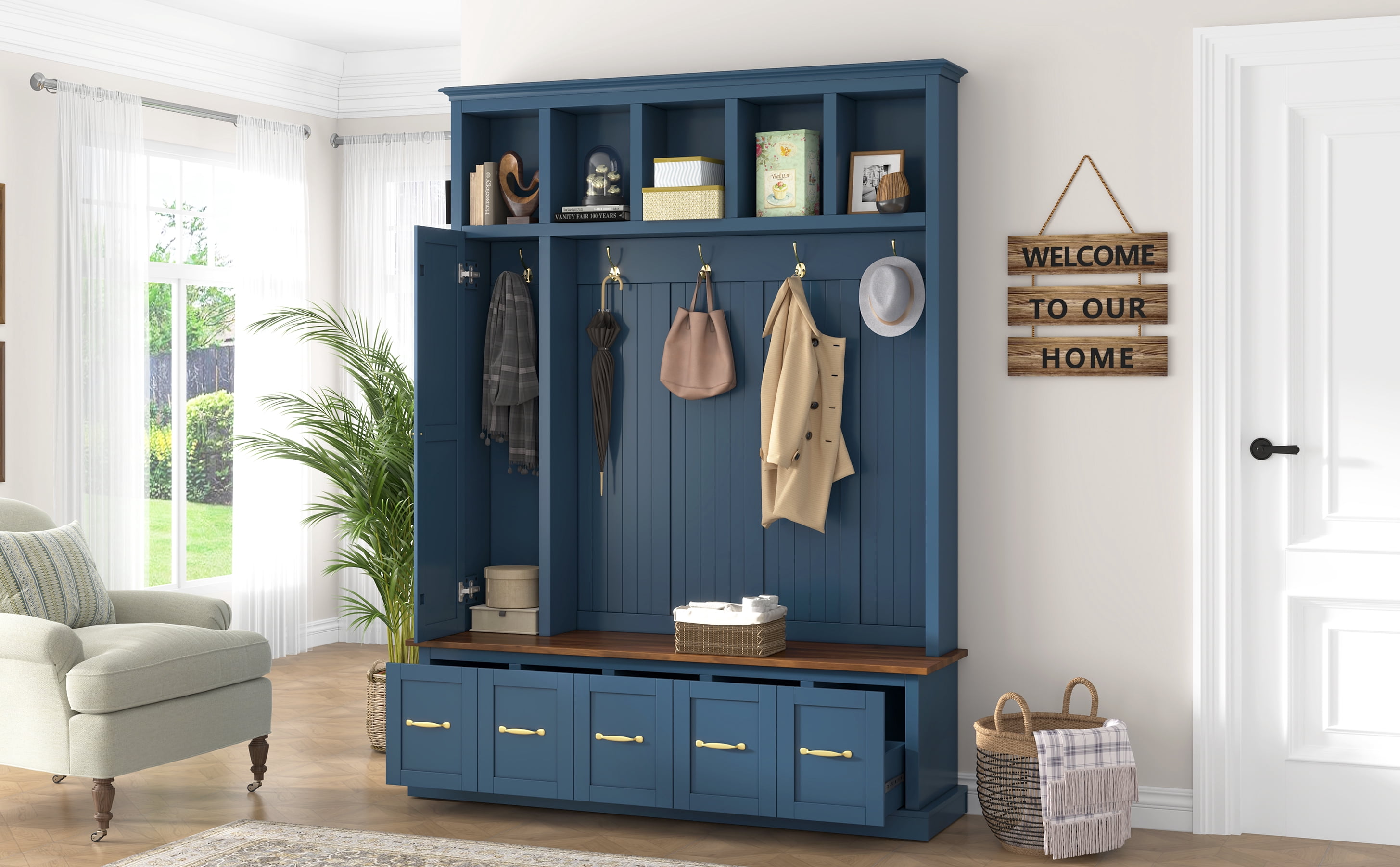 Mintazer 78.7” Tall Farmhouse Entryway Hall Tree with Coat Rack Hooks, 2 Closet, 5 Drawers & Shoe Storage Bench for Living Room, Bedroom, Hallway, Navy Blue