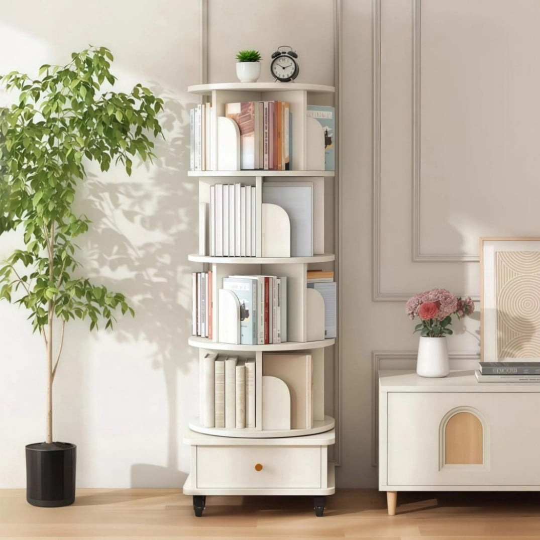 4-Tier Rotating Bookshelf with Wheels, 360° Spinning Bookcase Tower with Drawer & Wraparound Baffles, Space-Saving Storage Shelf, Warm White