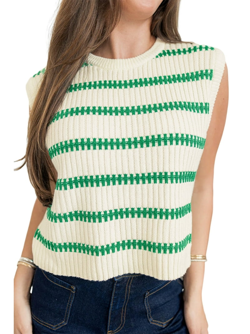Trendy Bright Green Striped Round Neck Casual Sweater Vest for