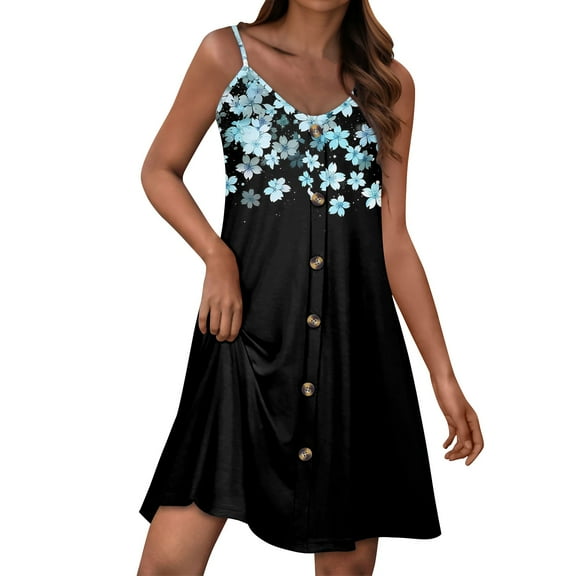 GXIPO Women's Summer Dresses Beach Cover Ups Sleeveless Floral A Line Spaghetti Strap Button Down Plus Size Sundresses with Pockets Black L