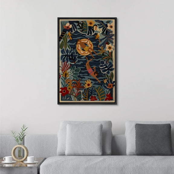 IDEA4WALL Framed Canvas Wall Art Vibrant Summer Swimming Pool Scene Illustrations Colorful Floral and Poolside Modern Art Decorative Relax/Zen for Living Room, Bedroom, Office -