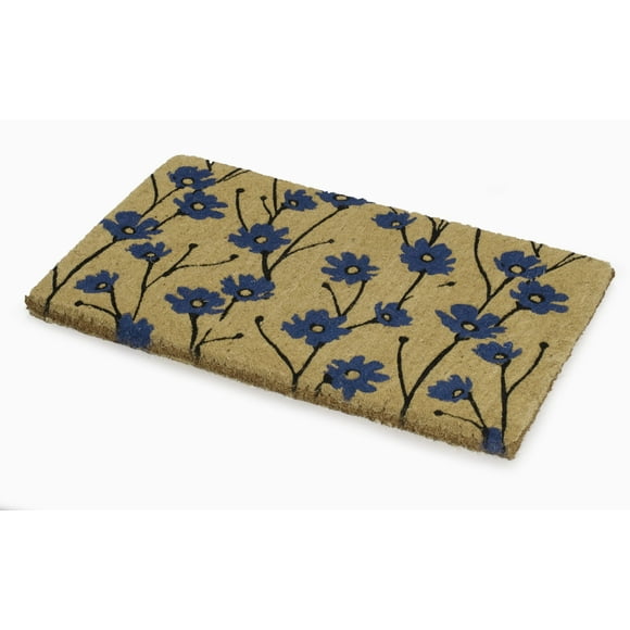 Fab Habitat Floral Extra Thick Doormat - Handwoven, Durable - Natural Coir - Entryway, Front Door, Porch, Patio - Wild Flowers - Blue (18" x 30" Thick)
