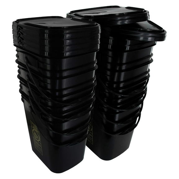 5.3 Gallon Black Rectangular Bucket/Pail with Hinged Snap Lid, 8 Pack