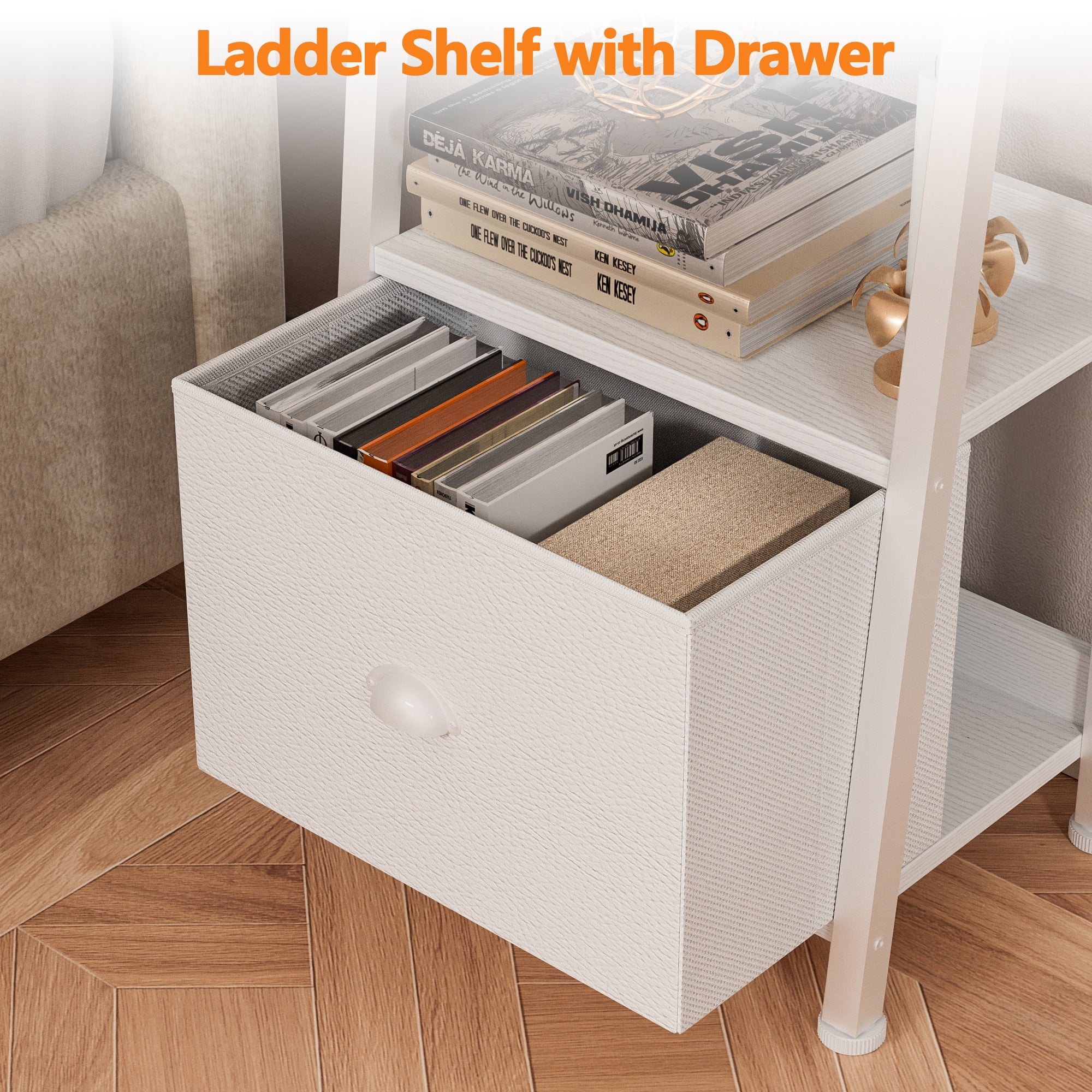 Tydimor 6-Tier Leaning Ladder Bookshelf with Fabric Drawer, White Leaning Bookcase with Storage Shelves for Home Office Living Room Bedroom