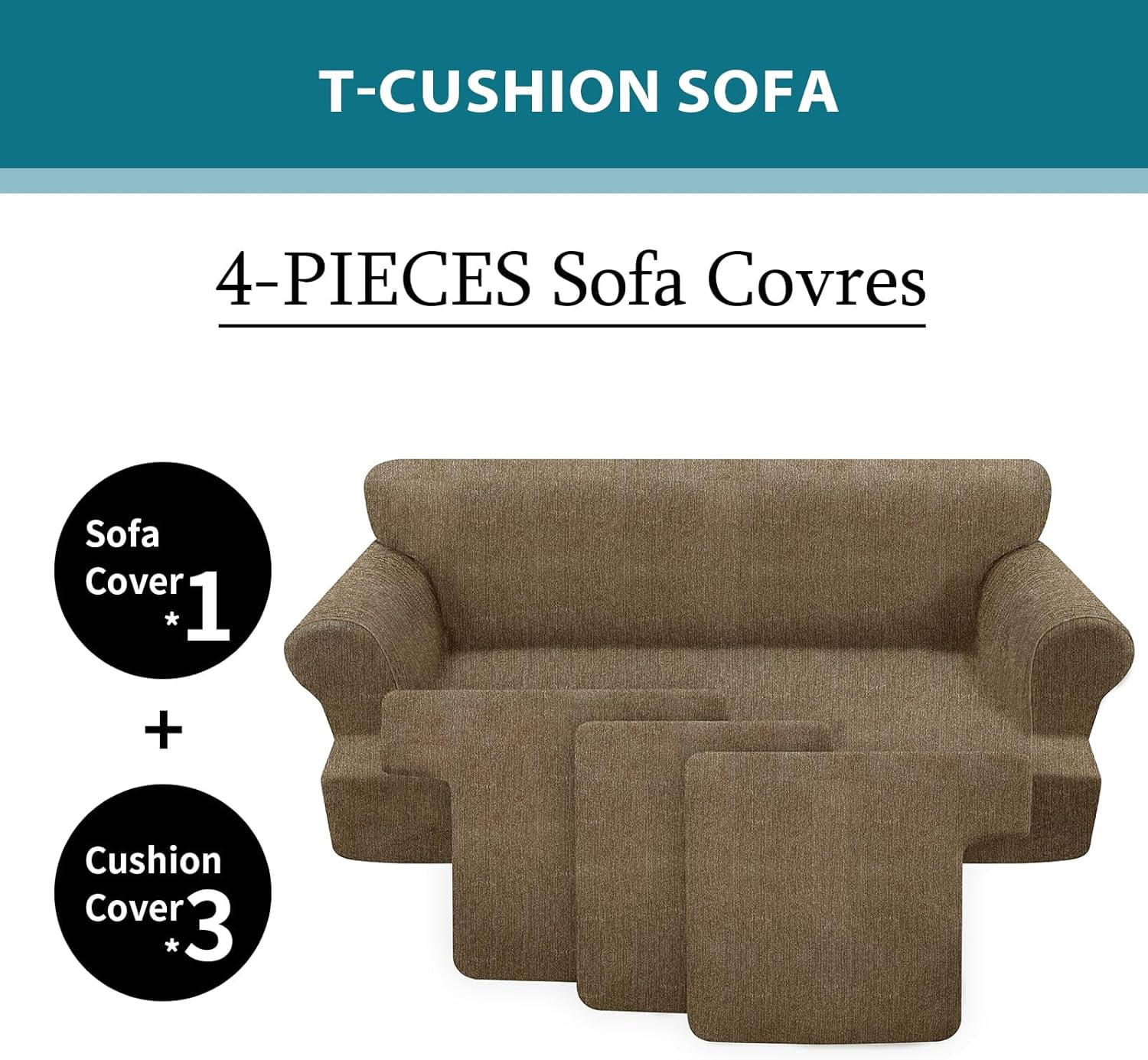 4 Piece T Cushion Sofa Slipcovers Stretch Couch Cover Furniture Covers with 3 Individual T Cushion Covers, Machine Washable for Living Room (Brown, 3 Cushions)