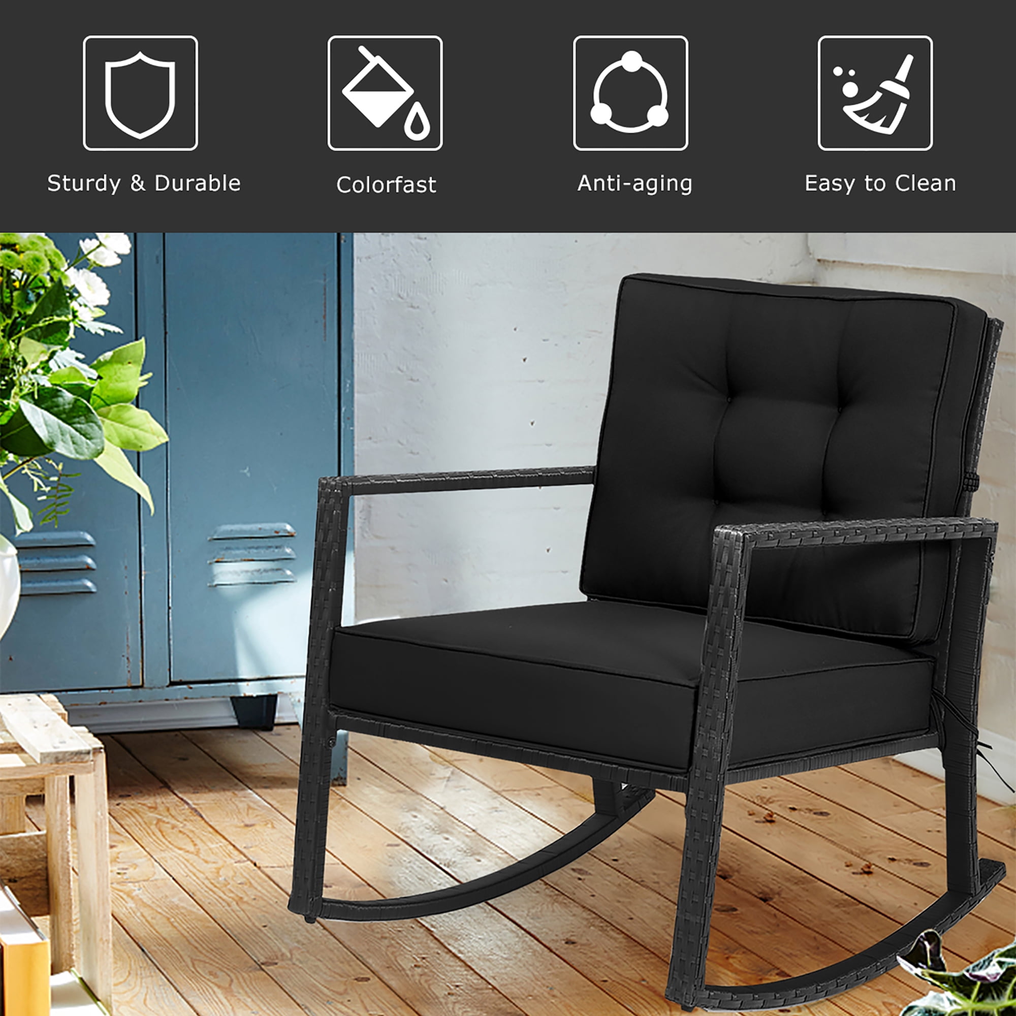 Costway 2 PCS Patio Rattan Rocker Chair Outdoor Glider Rocking Chair Cushion Lawn Black
