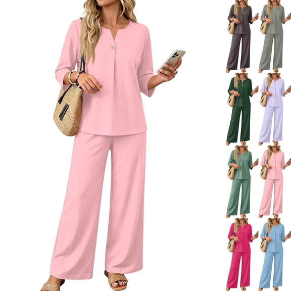 Two Piece Sets for Women 3/4 Length Sleeve Lounge Sets Summer Fall Vacation Travel Outfits Fashion Clothing Light pink M