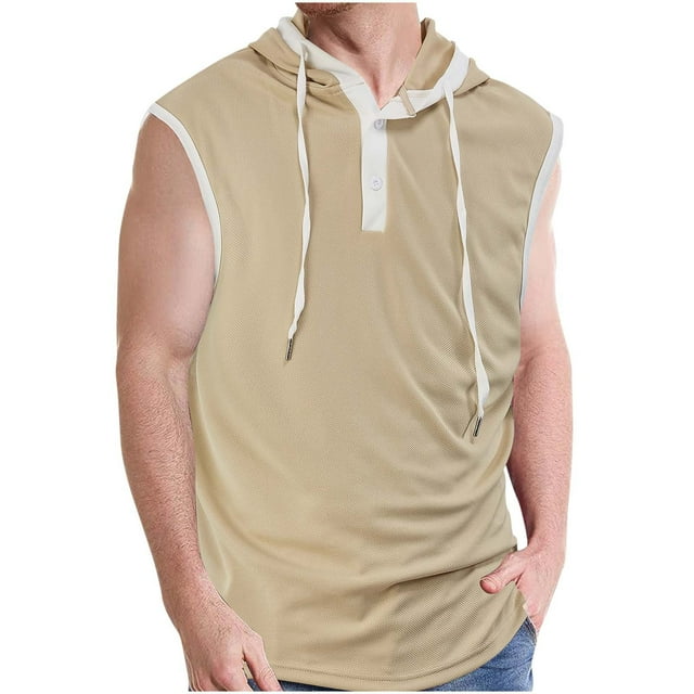 Top Abrigo de los Hombres de Color Sólido sin Mangas con Capucha, Diseño de Cordón de Botón Abrigo de Moda de Ocio