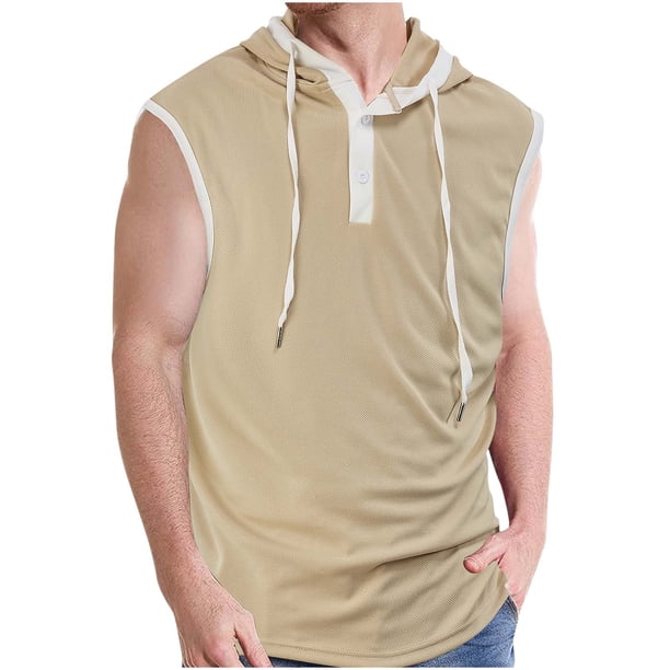 Top Abrigo de los Hombres de Color Sólido sin Mangas con Capucha, Diseño de Cordón de Botón Abrigo de Moda de Ocio