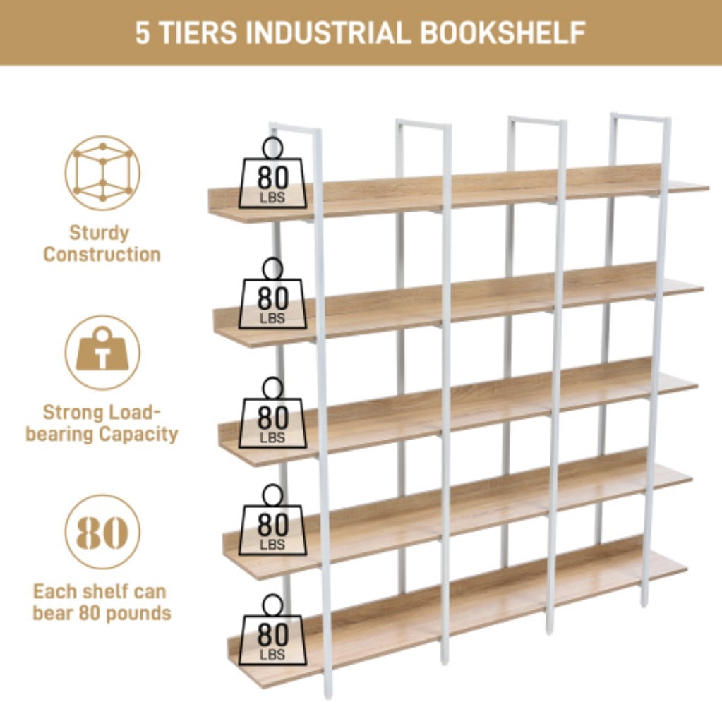 5-Tier Industrial Bookcase, Vintage Open Bookshelf with Metal Frame & MDF Shelves, 80 Lbs Per Shelf, Freestanding Display Storage Rack for Living Room & Home Office, White+Oak