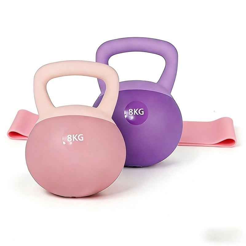 14/18 LB Soft Kettlebell Set with Wrist Guards & Resistance Bands, Sand and Iron Filled, Safe Strength Training Kettlebell, Portable Home Workout Gear for Men and Women, Purple & Pink