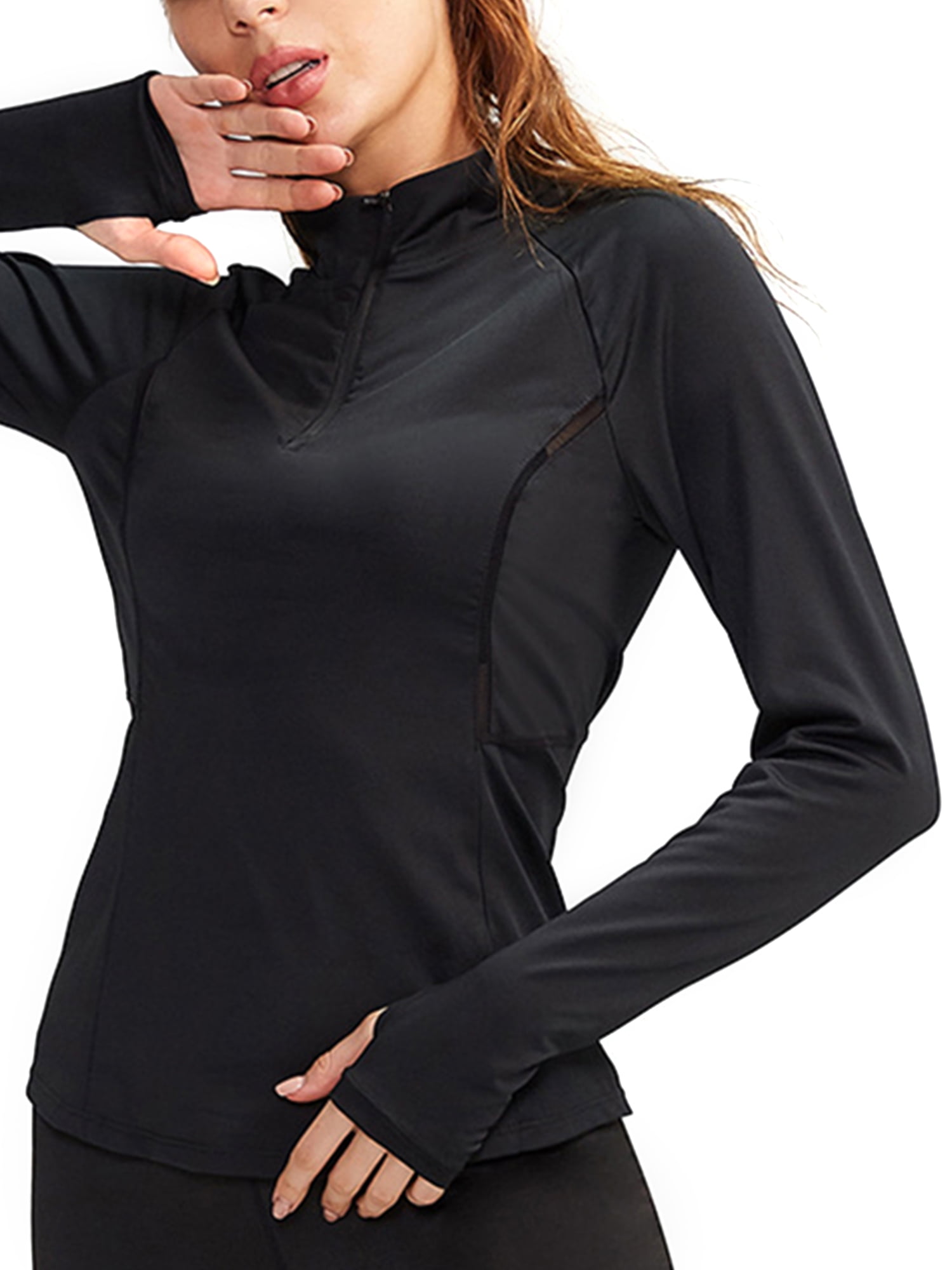 Women Long Sleeve Yoga Shirts Zip Up Banded Workout Top with Thumb 