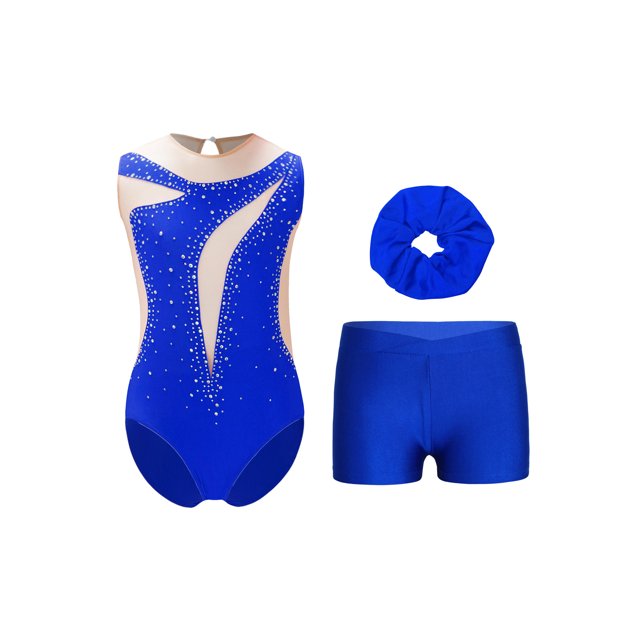 Xnihocha Girls Sleeveless Gymnastics Leotards Training Bodysuits Sparkle Rhinestones Jumpsuits with Waist Short Blue 10
