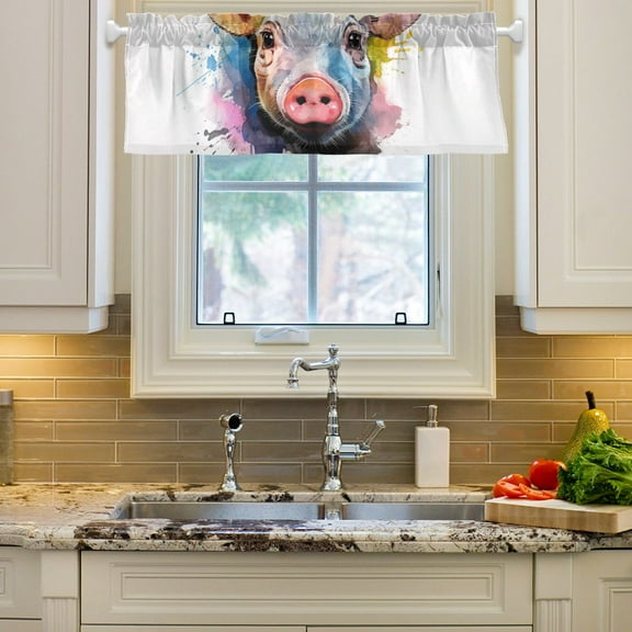 Pig Head Curtain Valances Farmhouse Design Window Treatment Decor Blackout Rod Pocket for Windows Living Room Kitchen 54" x 18"
