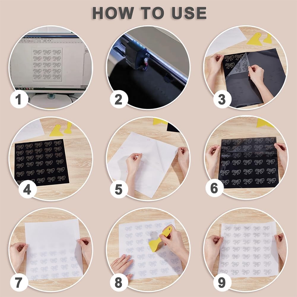 14Pcs Rhinestone Flock Sticky Template Material 8Pcs 12"x12" Rhinestone Heat Transfer Papers 4Pcs Flocking Heat Transfer Film and 2Pcs Plastic Scraper for Cloth DIY Design Mixed Color