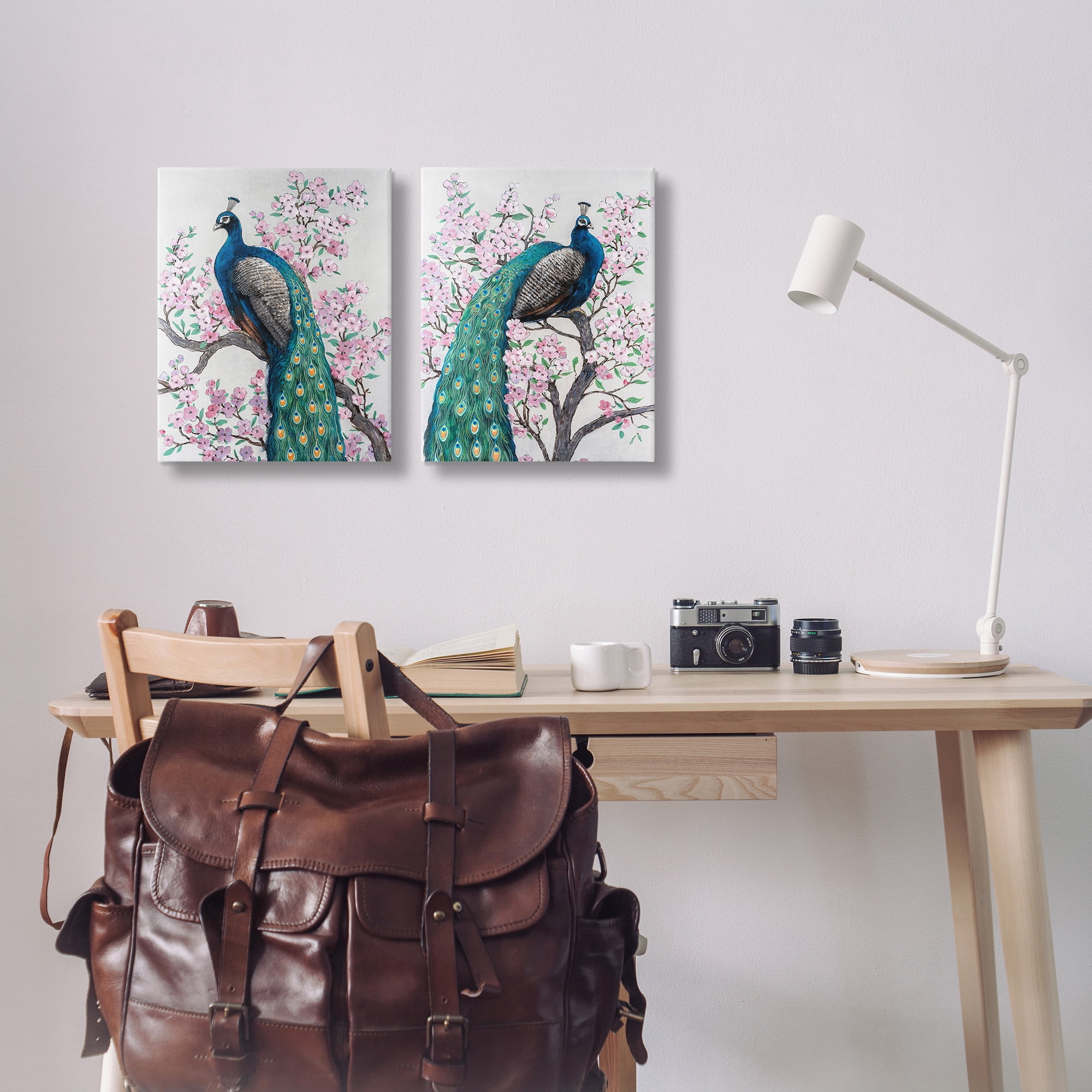 Stupell Industries Floral Peacocks Perched Animals & Insects Painting Gallery Wrapped Canvas Art Print Wall Art, 16 x 20, Set of 2