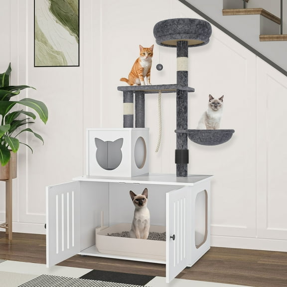 ModFusion 53" White & Gray Cat Tree with Litter Box Cabinet – Multi-Level Cat Furniture Tower with Cat House, Scratching Posts & Hidden Litter Enclosure