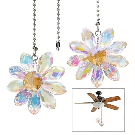2-Piece Crystal Glass Flower Ceiling Fan Pull Chain Set, 24-Inch Adjustable Extension Chain with Connector, Floral Crystal AB Pendant for Ceiling Light, Lamp, and Fan (1.8" Pendant)