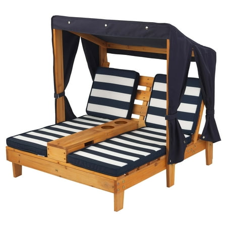 UPC: 0706943005248 | KidKraft Wooden Outdoor Double Chaise with Cup Holders Honey & Navy
