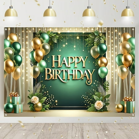 Green Golden Happy Birthday Backdrop Greenery Balloons Photography Background for Kids Adults Golden Curtain Theme Birthday Party Baby Shower Decorations Supplies