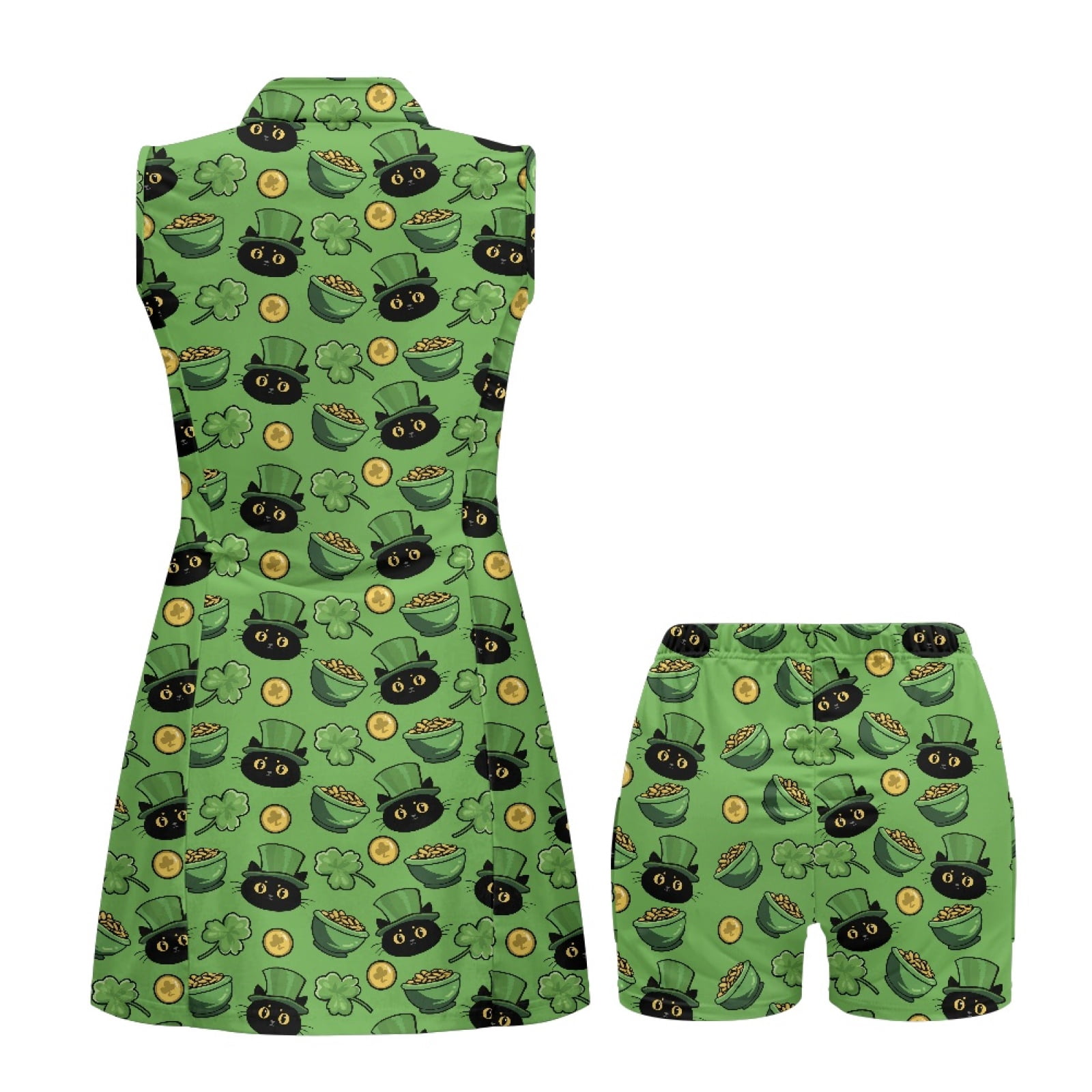 COEQINE Black Cat Hat Shamrock Gold Coin Print Golf Dresses for Women Sleeveless Stand Collar Athletic Dresses for St. Patrick's Day Zip Up 2 Pieces Tennis Outfits with Shorts 2 Pockets, XS