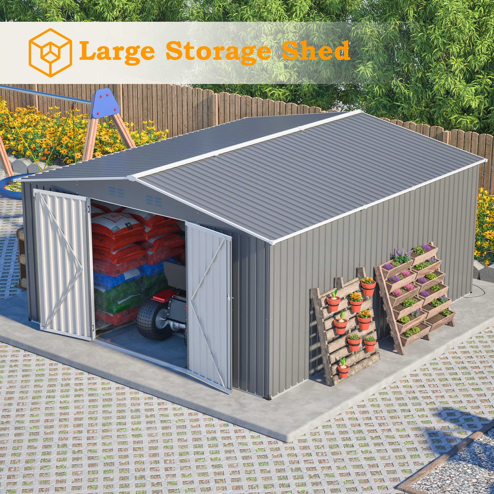 LZBEITEM 12'x14' Outdoor Metal Shed with Floor Frame kit , Updated Frame & Lockable Doors for Backyard, Garden, Lawn, Gray