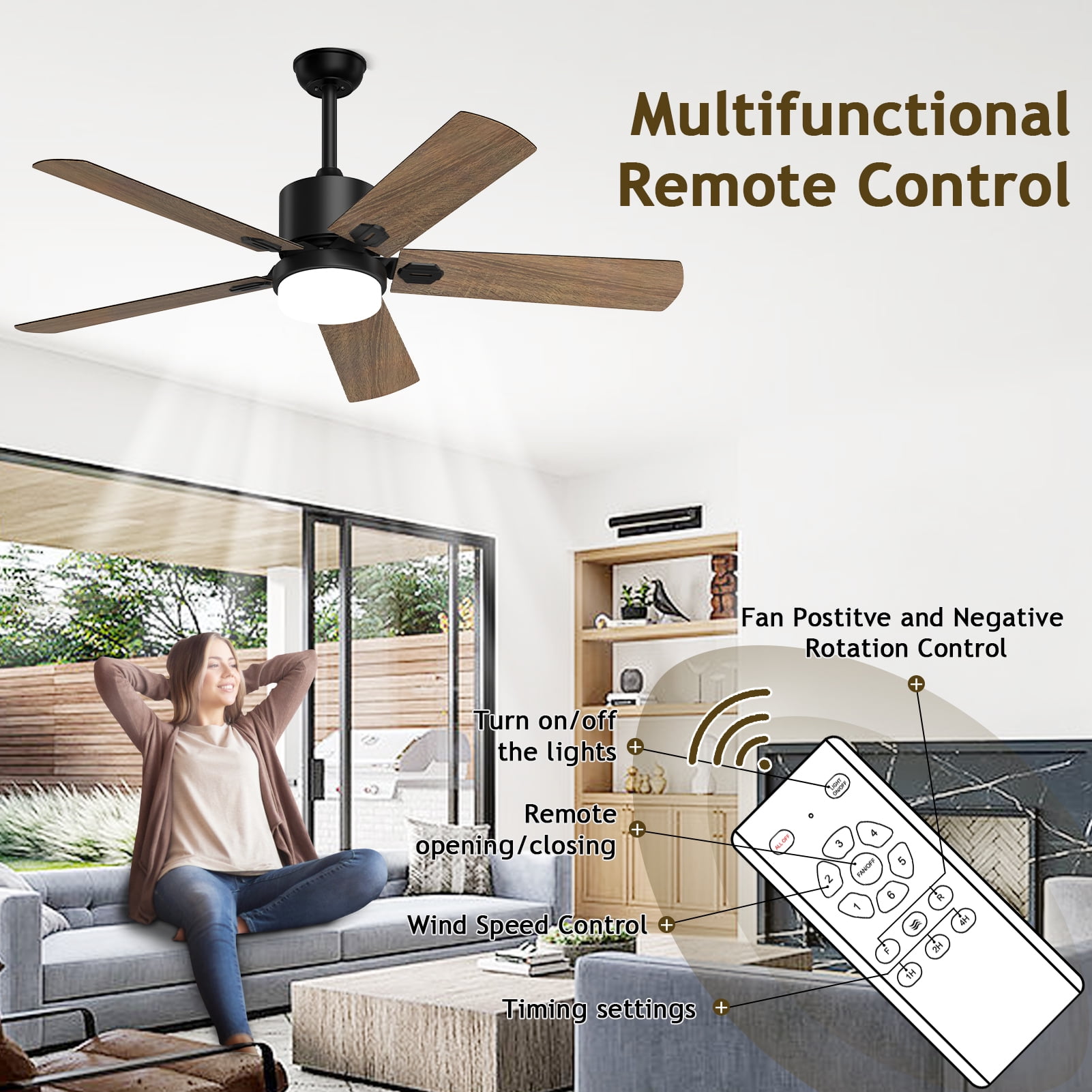 XAUJIX 52'' Ceiling Fan with Light, 6-Speed Reversible DC