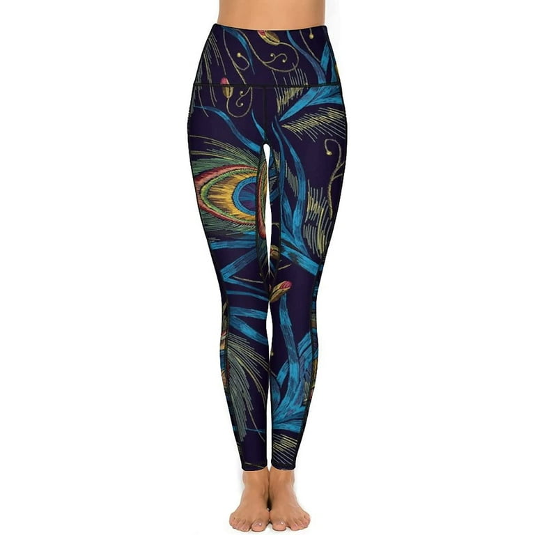 Indian Ethnic Peacock Feather Women's High Waist Yoga Pants with Pockets  Stretch Soft Running Workout Leggings 