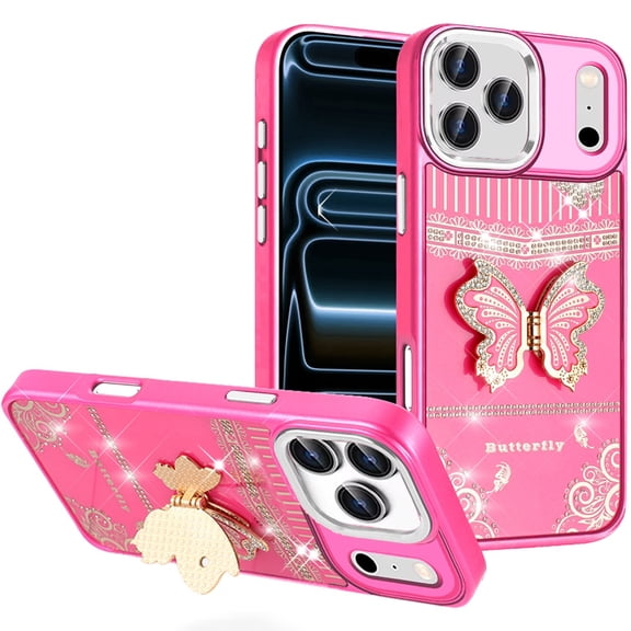 For Apple iPhone 17 Pro Max Glitter Butterfly Case with 3D Stand Sparkle Hybrid Metallic Edges Protective Phone Cover Slim Fit Hot Pink]