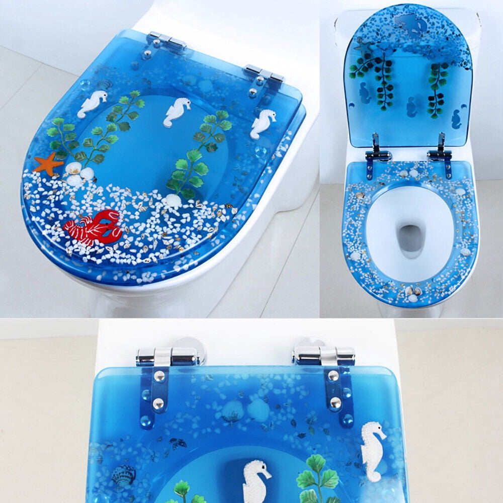 Miumaeov Blue Ocean Resin Toilet Seat Transparent Resin Silent and Thick Toilet Seat Not Fragile Slow Closing and Extended Toilet Seat