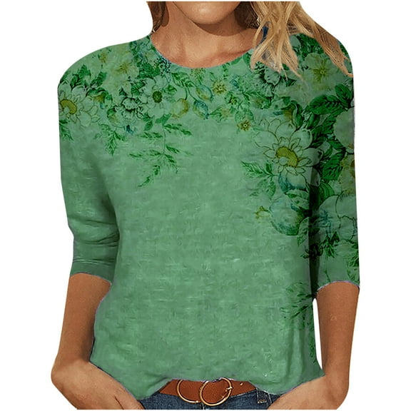 Ichuanyi Women's Spring Fashion Printed Mid-length 3/4 Sleeves T-shirt Blouse O-Neck Casual Tee Tops