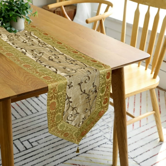 DK Homewares Indian Ethnic Embroidered Jacquard Floral Kitchen Decoration Centerpiece Gold Grey Brocade Tissue Fabric Birthday Party 180 X 35 Cm Table Runner 6 Ft ( 72 X 14 Inches )