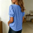 thumbnail image 3 of Womens Linen Cotton Blouses Summer Casual Boho Short Puff Sleeve Button Down Henley Shirts (Blue M), 3 of 4