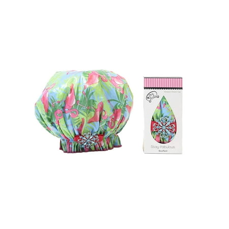 Bouffant Cap Dry Divas Designer Shower Cap - Washable, Reusable - Large Bouffant With Vintage Jeweled Brooch (Single And Ready To Fla-mingle) ()