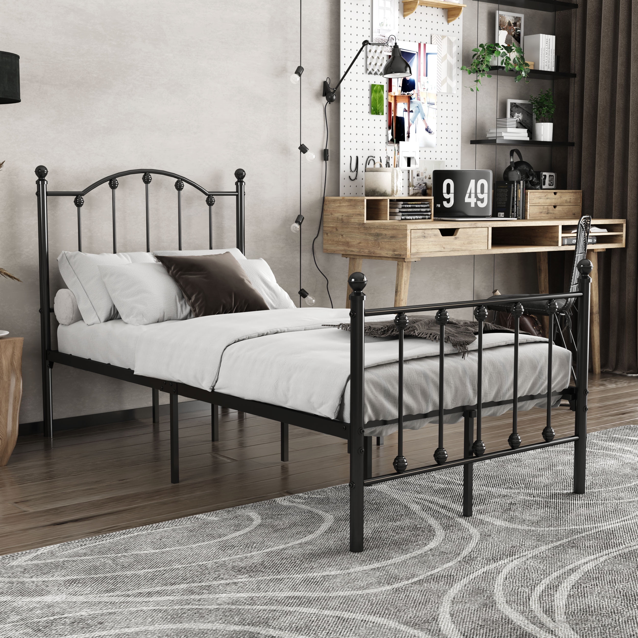 alazyhome Black Metal Platform Twin Bed Frame with Victorian Headboard