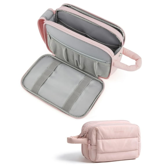 BAGSMART Travel Toiletry Bag for Women, Puffy Cosmetic Makeup Bag Organizer, Large Wide-open Travel Organizer for Toiletries, Dopp Kit Water-resistant Makeup Case for Accessories, Pink